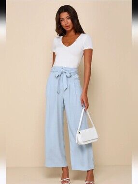 NWT Lulus Trend Alert Light Blue Belted Wide Leg Pants Medium